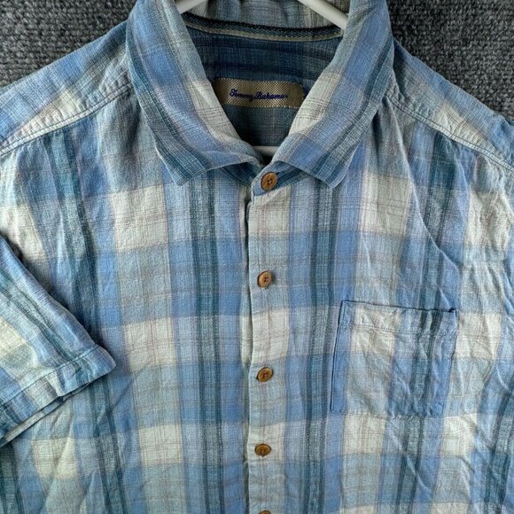 Tommy Bahama Silk Button Up Shirt Men Short Sleeve Hawaiian Adult XLX Blue Plaid - Picture 1 of 13